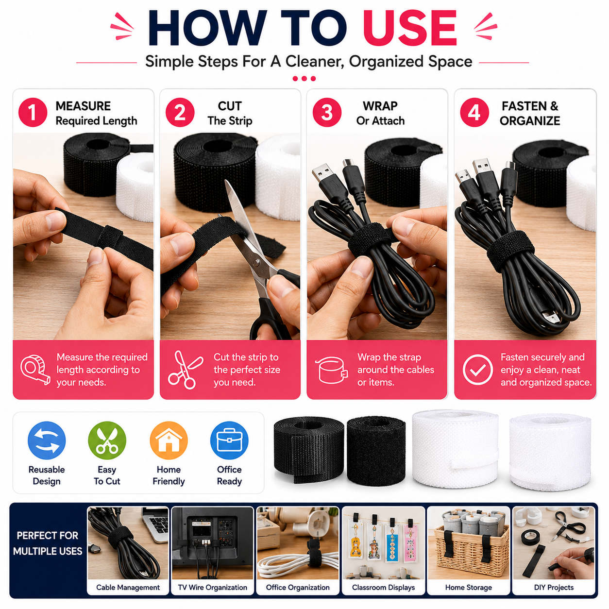 Wire organizer tape Fastening tape roll Self-gripping cable wrap