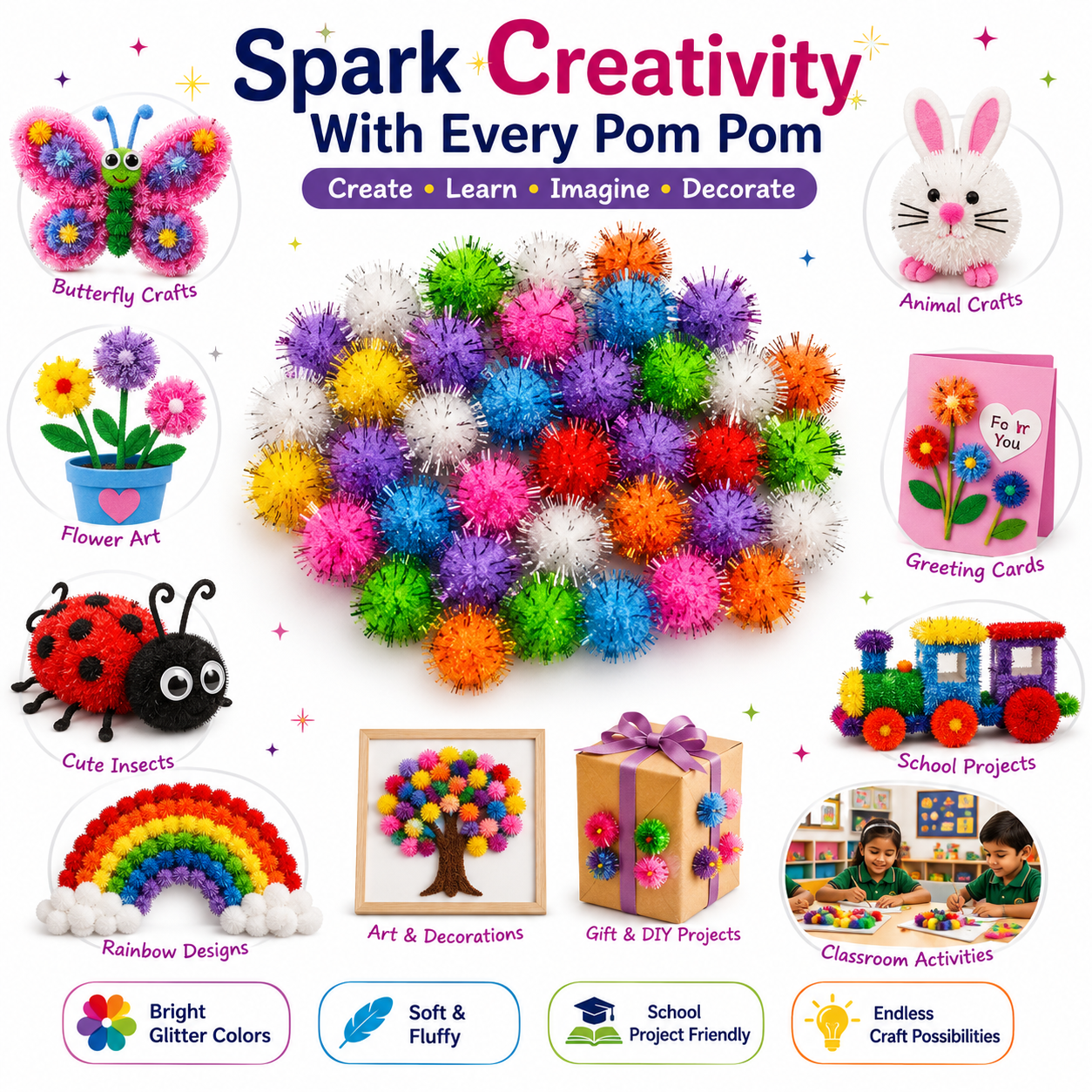 Creative Pom Poms for Kids – Colorful Craft Balls for School Projects, Decorations & Handmade Art
