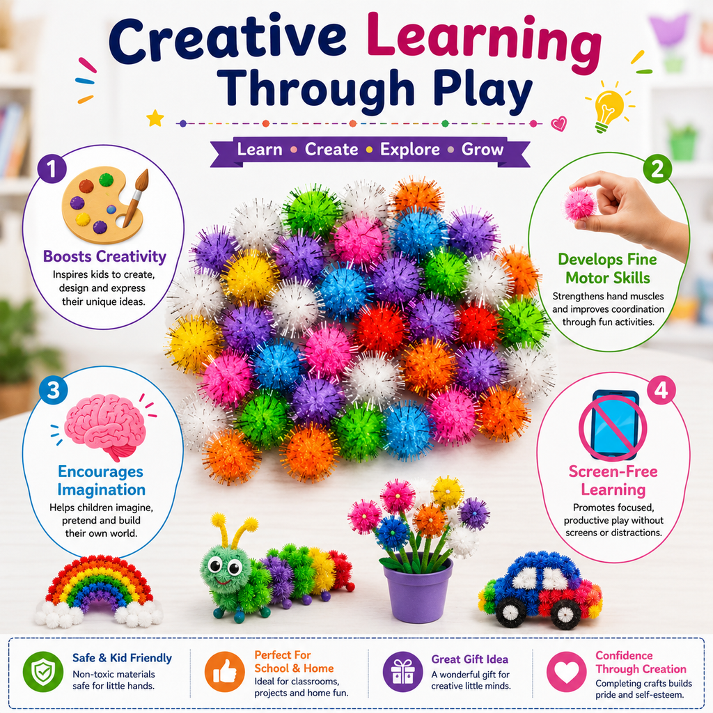 Creative Pom Poms for Kids – Colorful Craft Balls for School Projects, Decorations & Handmade Art