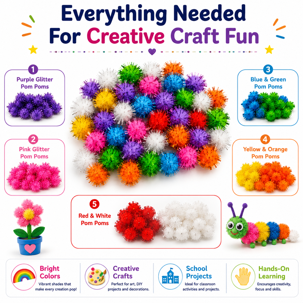 Creative Pom Poms for Kids – Colorful Craft Balls for School Projects, Decorations & Handmade Art