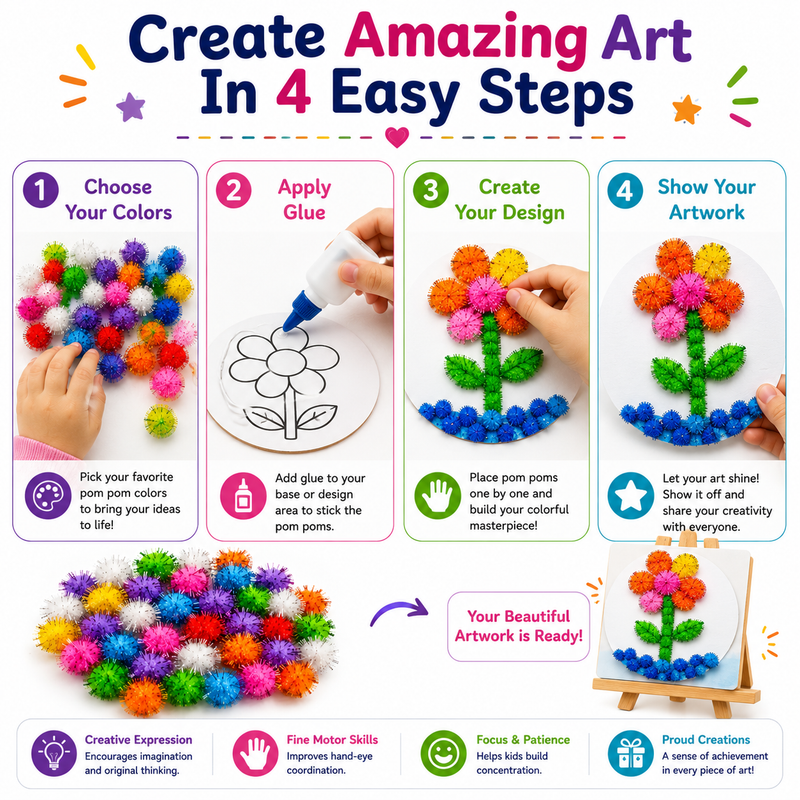 Creative Pom Poms for Kids – Colorful Craft Balls for School Projects, Decorations & Handmade Art