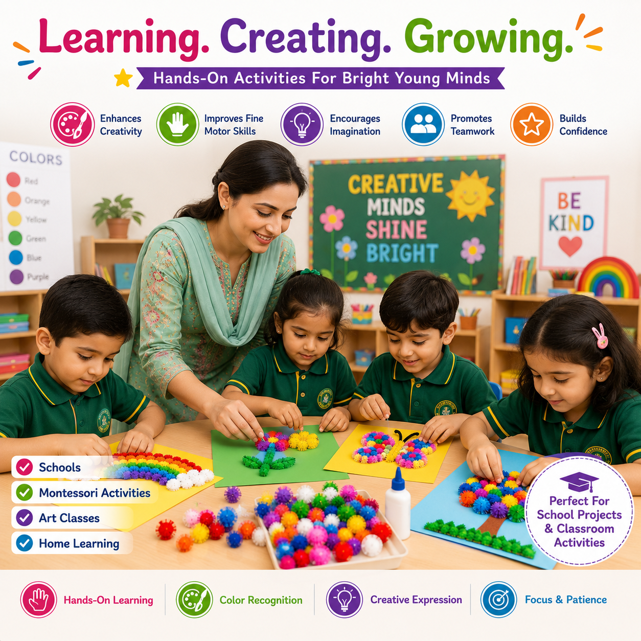 Creative Pom Poms for Kids – Colorful Craft Balls for School Projects, Decorations & Handmade Art