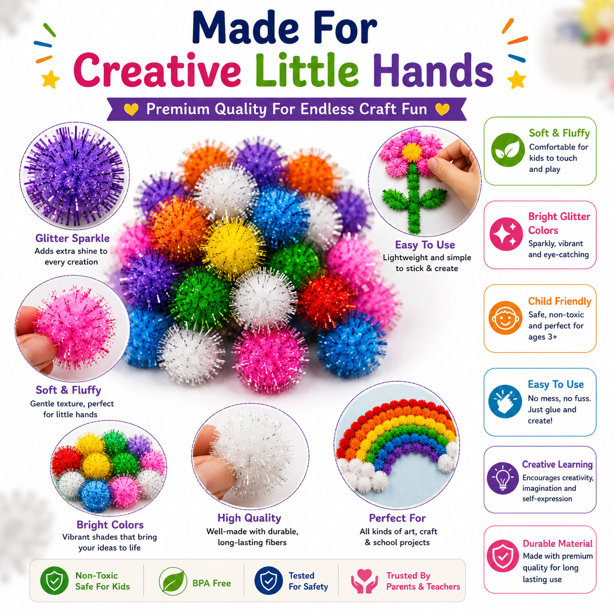 Creative Pom Poms for Kids – Colorful Craft Balls for School Projects, Decorations & Handmade Art
