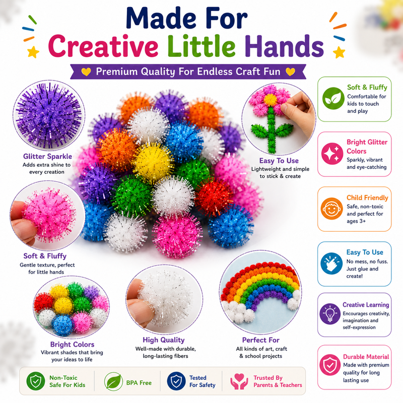 Creative Pom Poms for Kids – Colorful Craft Balls for School Projects, Decorations & Handmade Art