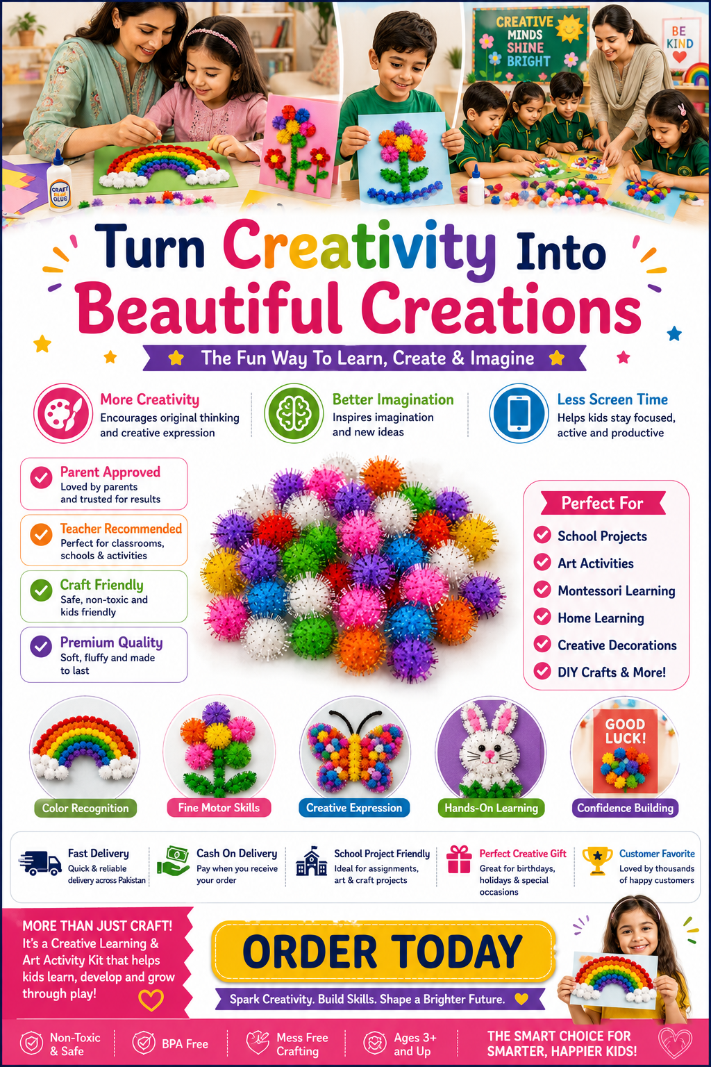 Creative Pom Poms for Kids – Colorful Craft Balls for School Projects, Decorations & Handmade Art