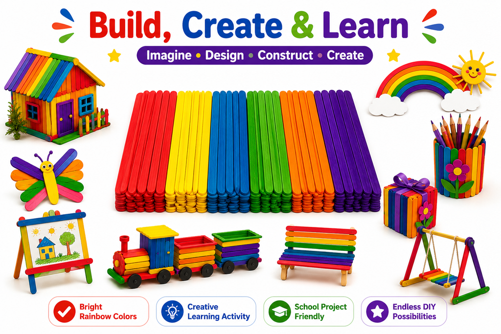 Multicolor Wooden Craft Sticks – DIY Popsicle Sticks for Kids Crafts, School Projects & Handmade Decorations