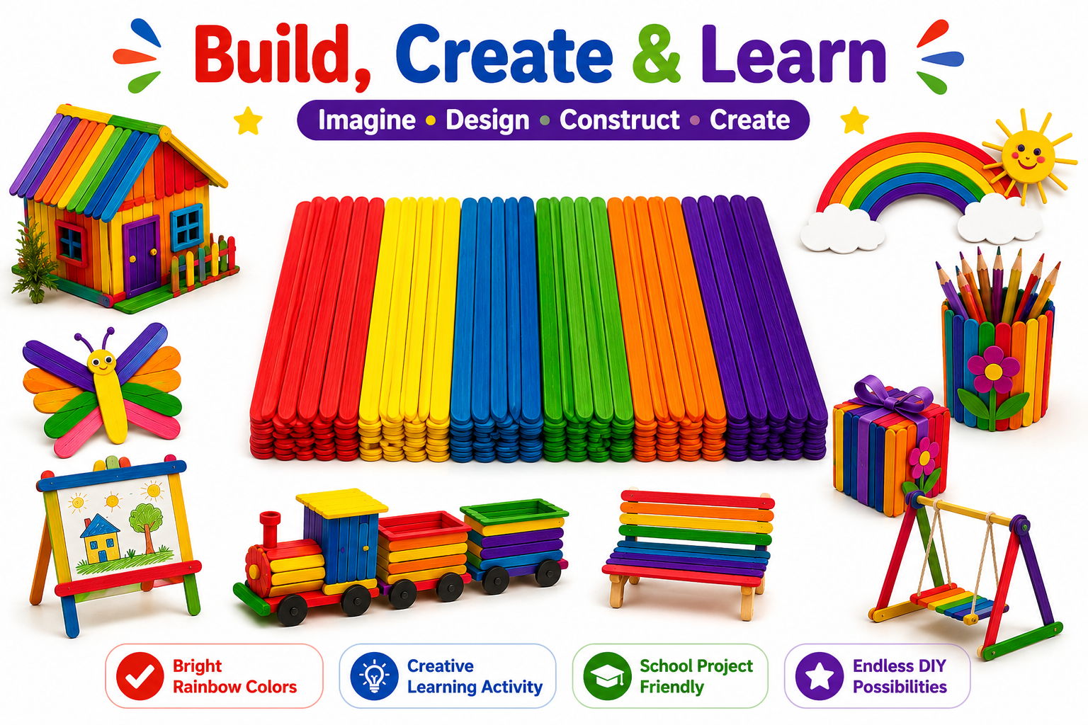 Multicolor Wooden Craft Sticks – DIY Popsicle Sticks for Kids Crafts, School Projects & Handmade Decorations