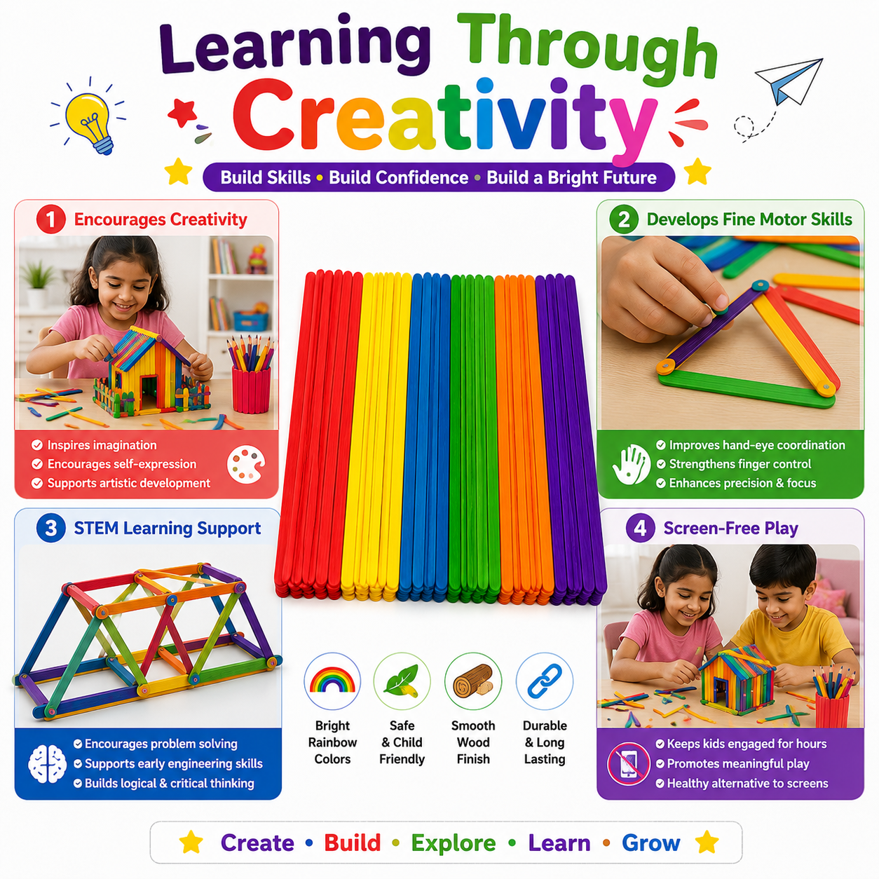 Multicolor Wooden Craft Sticks – DIY Popsicle Sticks for Kids Crafts, School Projects & Handmade Decorations