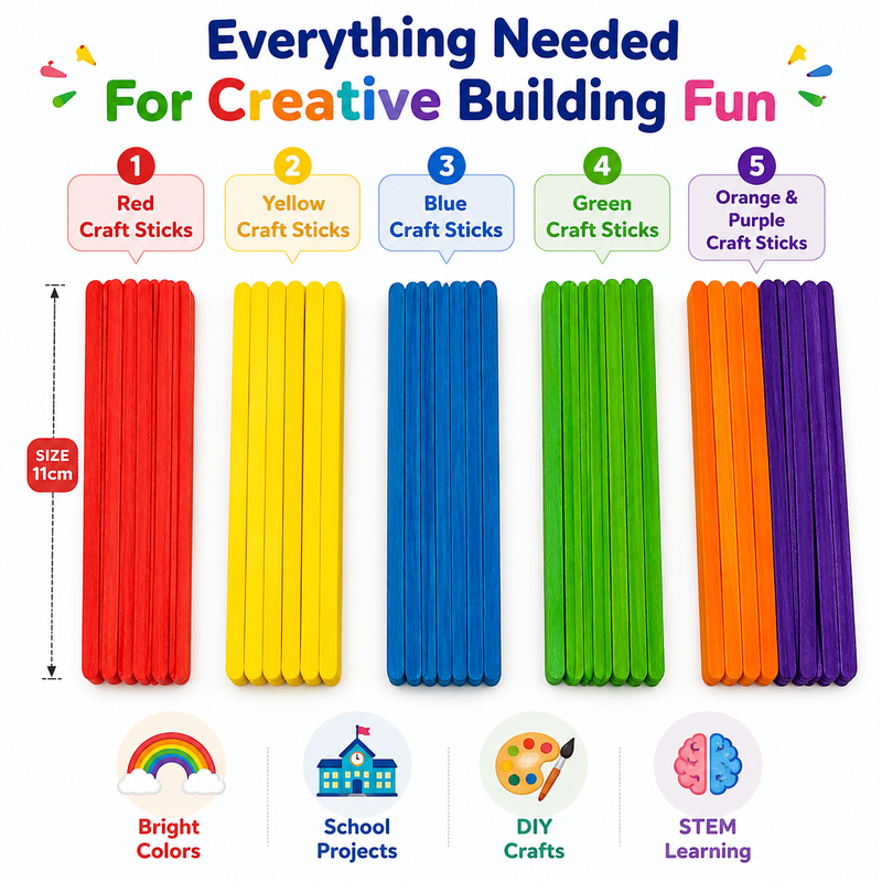 Multicolor Wooden Craft Sticks – DIY Popsicle Sticks for Kids Crafts, School Projects & Handmade Decorations