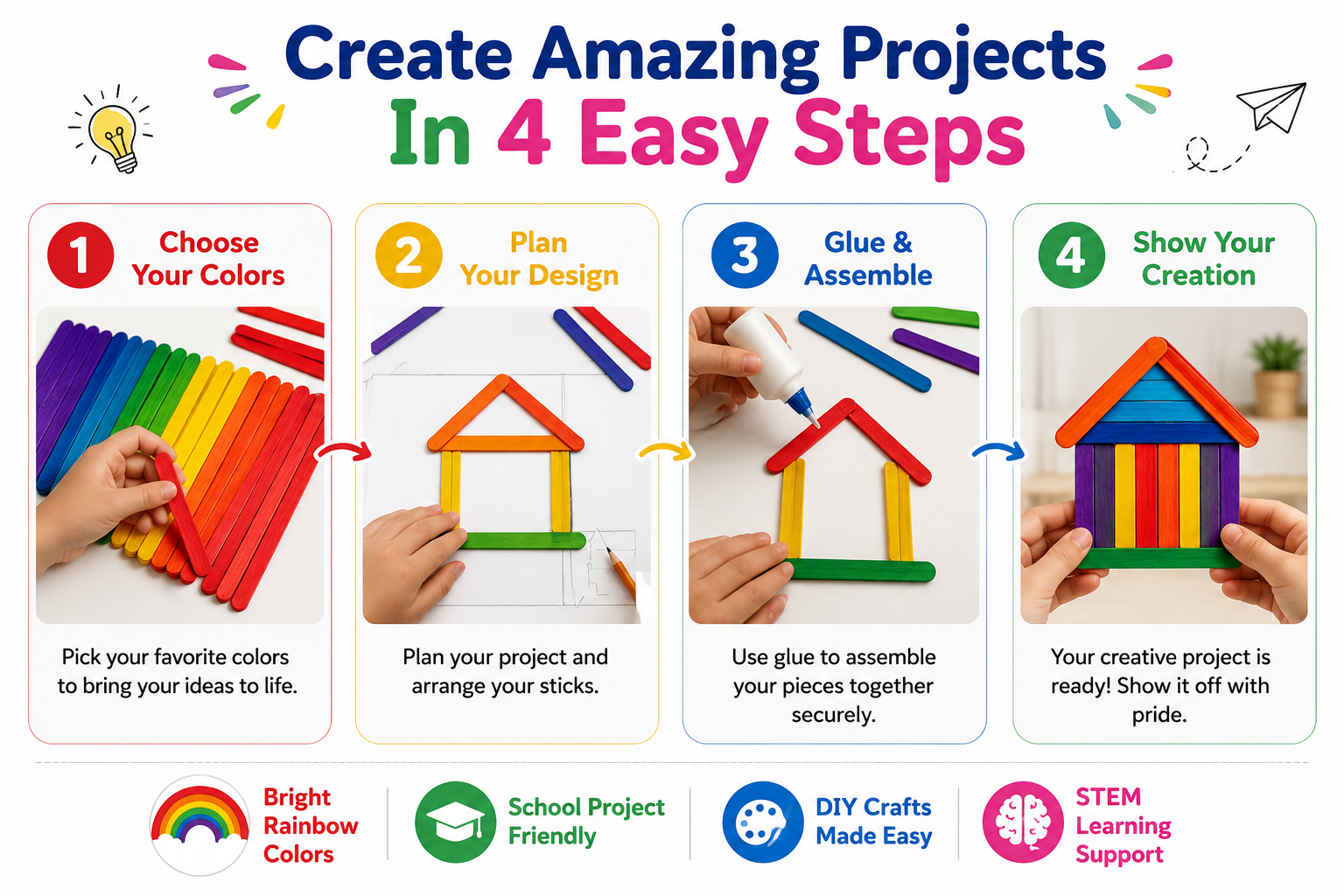 Multicolor Wooden Craft Sticks – DIY Popsicle Sticks for Kids Crafts, School Projects & Handmade Decorations