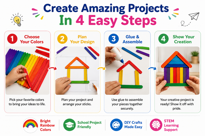 Multicolor Wooden Craft Sticks – DIY Popsicle Sticks for Kids Crafts, School Projects & Handmade Decorations