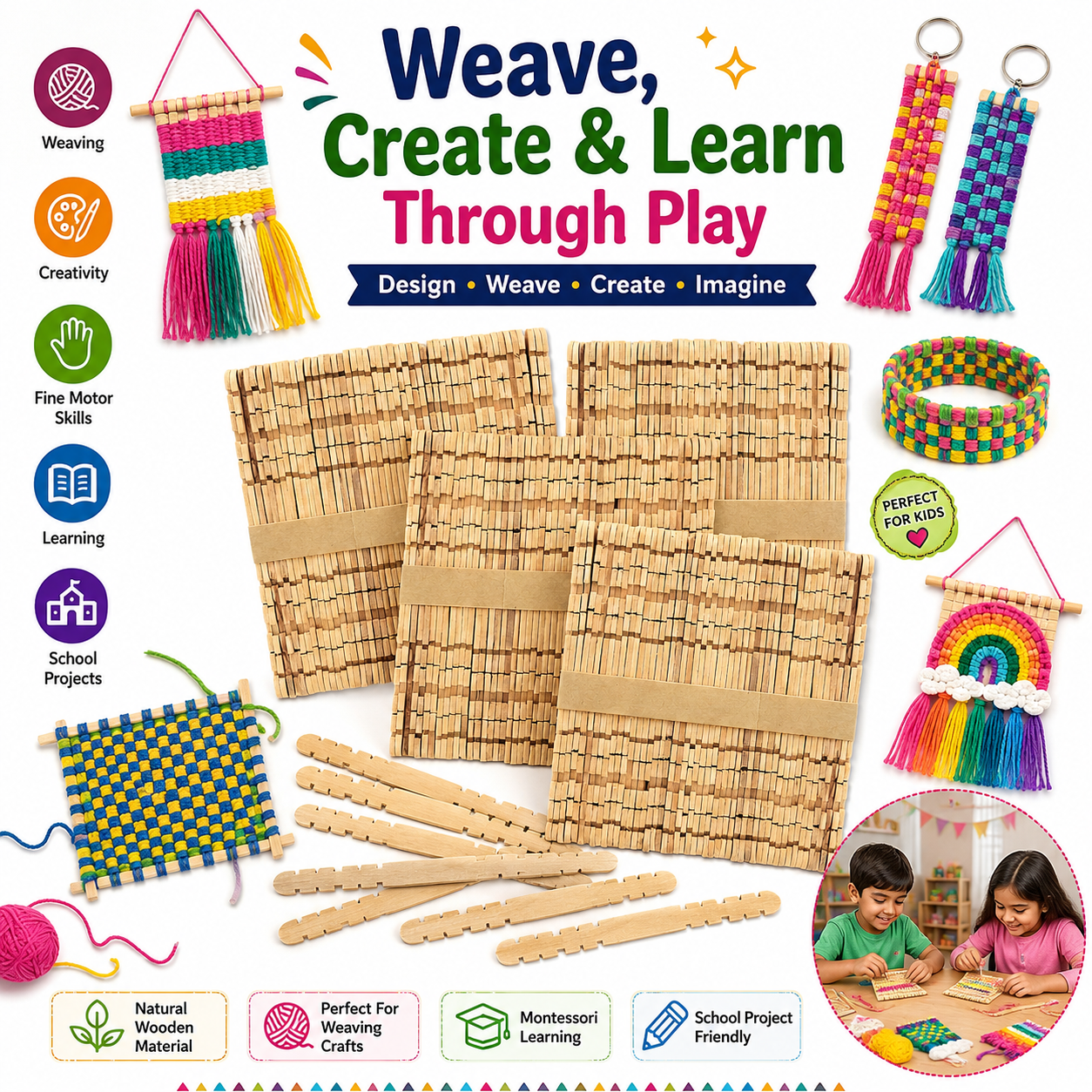 Natural Wooden Weaving Loom Mats & Craft Sticks – DIY Weaving Kit for Kids, School Projects & Creative Crafts