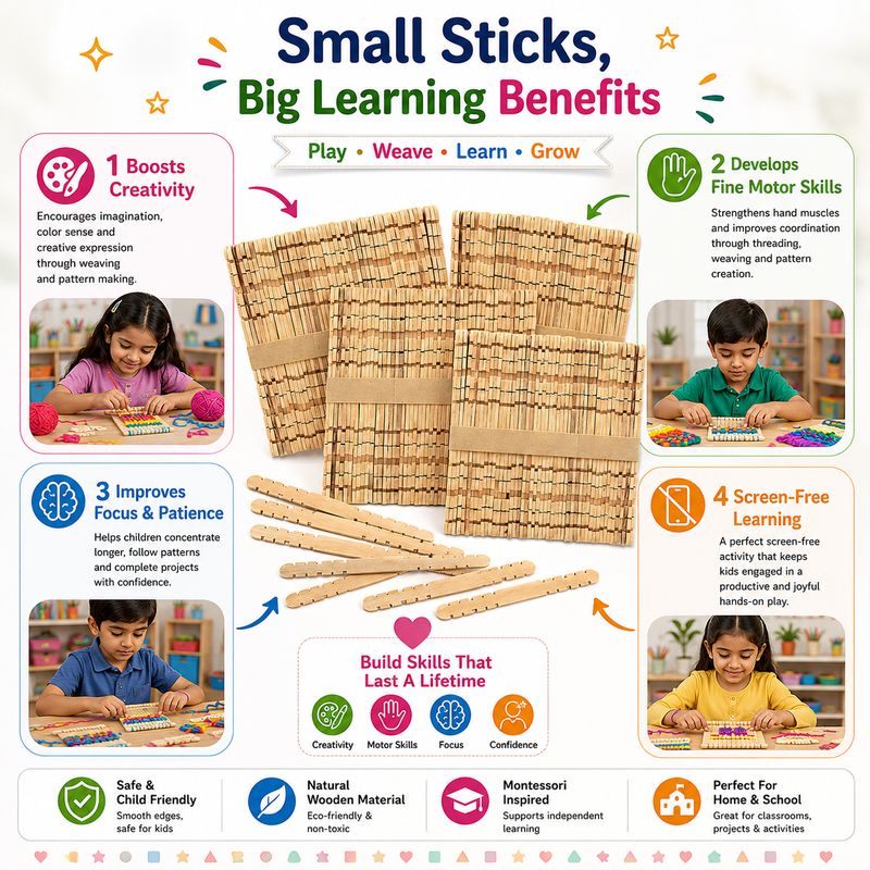 Natural Wooden Weaving Loom Mats & Craft Sticks – DIY Weaving Kit for Kids, School Projects & Creative Crafts