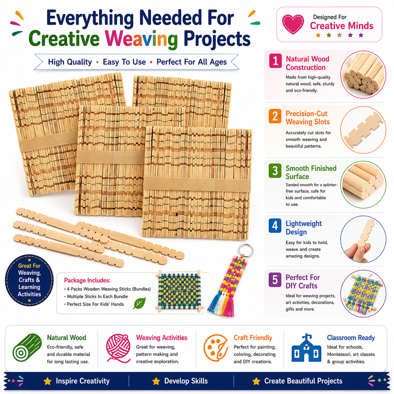 Natural Wooden Weaving Loom Mats & Craft Sticks – DIY Weaving Kit for Kids, School Projects & Creative Crafts