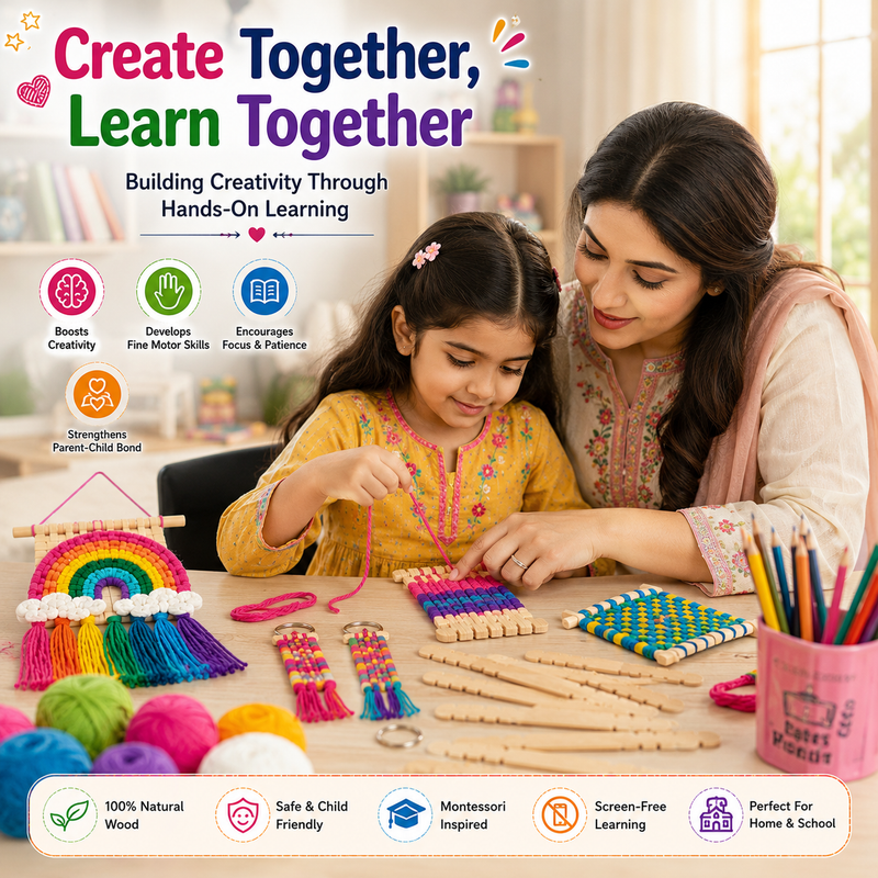 Natural Wooden Weaving Loom Mats & Craft Sticks – DIY Weaving Kit for Kids, School Projects & Creative Crafts