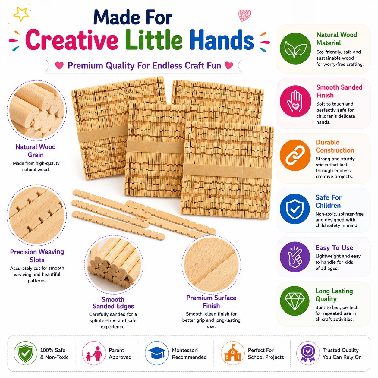 Natural Wooden Weaving Loom Mats & Craft Sticks – DIY Weaving Kit for Kids, School Projects & Creative Crafts