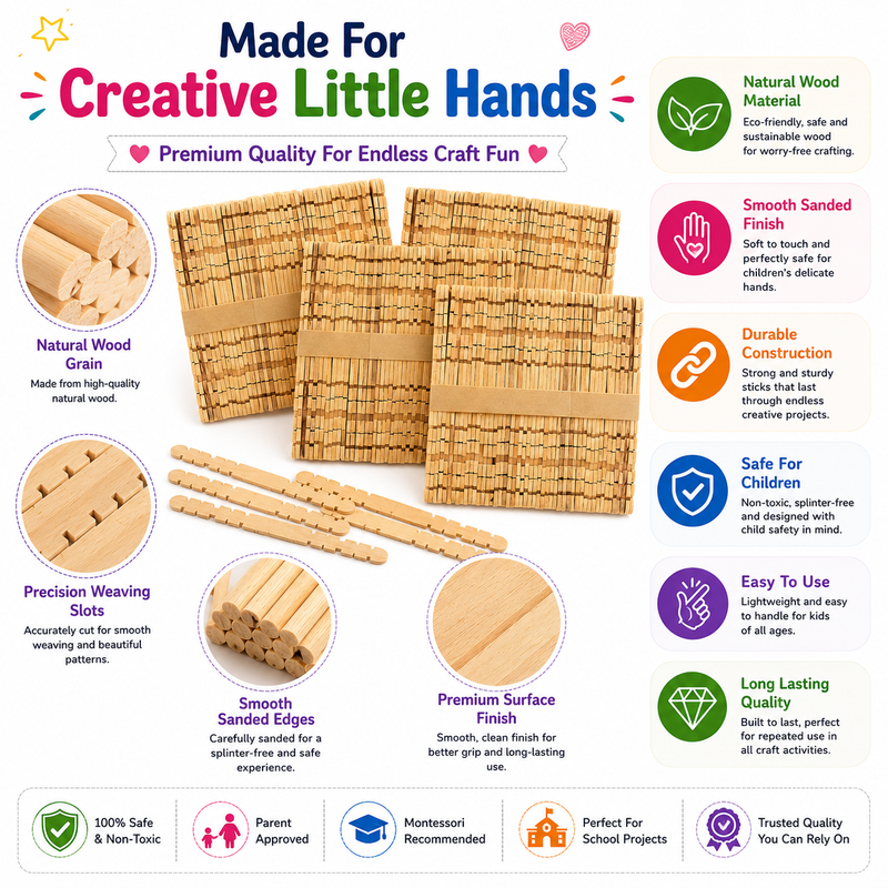 Natural Wooden Weaving Loom Mats & Craft Sticks – DIY Weaving Kit for Kids, School Projects & Creative Crafts