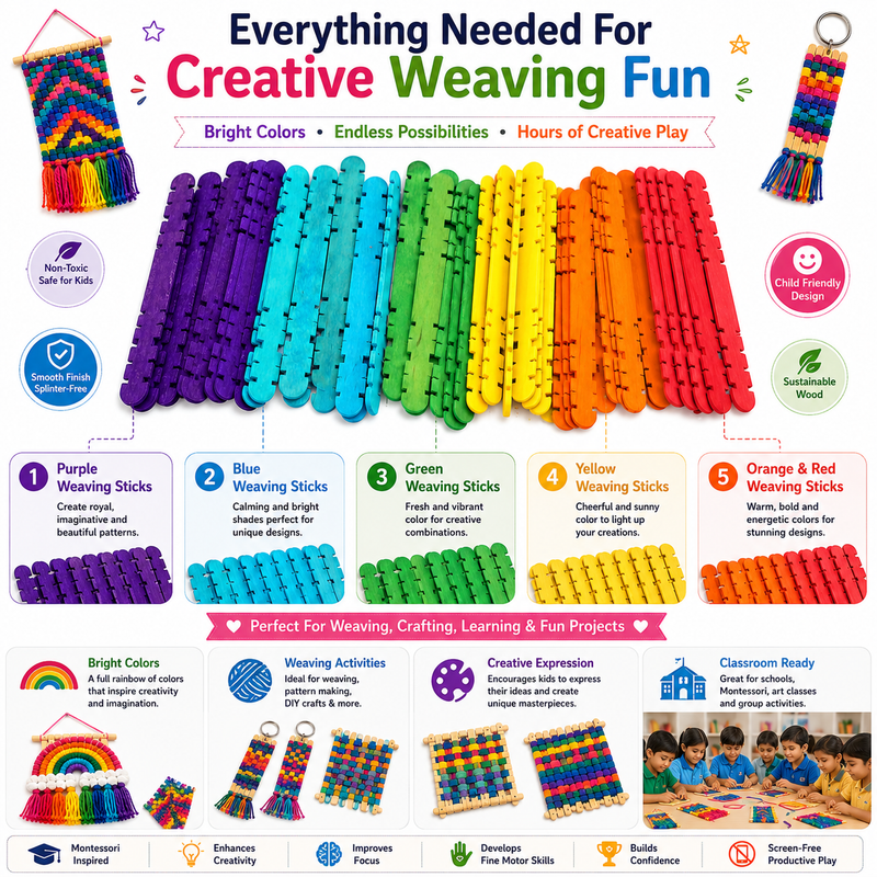 Colorful Wooden Loom Sticks – Weaving Craft Supplies for Kids, Beginners, School Projects & DIY Crafts