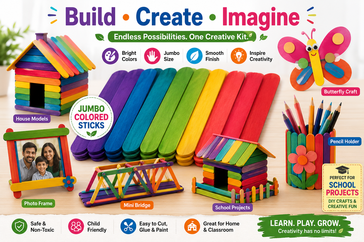 Colorful Jumbo Wooden Craft Sticks – Popsicle Sticks for School Projects, Model Building & DIY Art