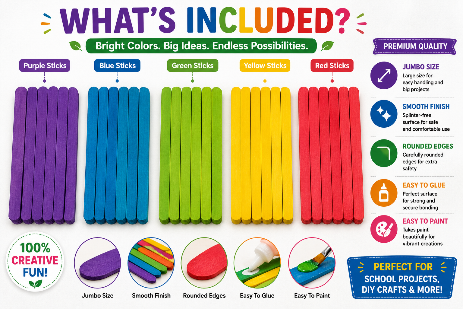 Colorful Jumbo Wooden Craft Sticks – Popsicle Sticks for School Projects, Model Building & DIY Art