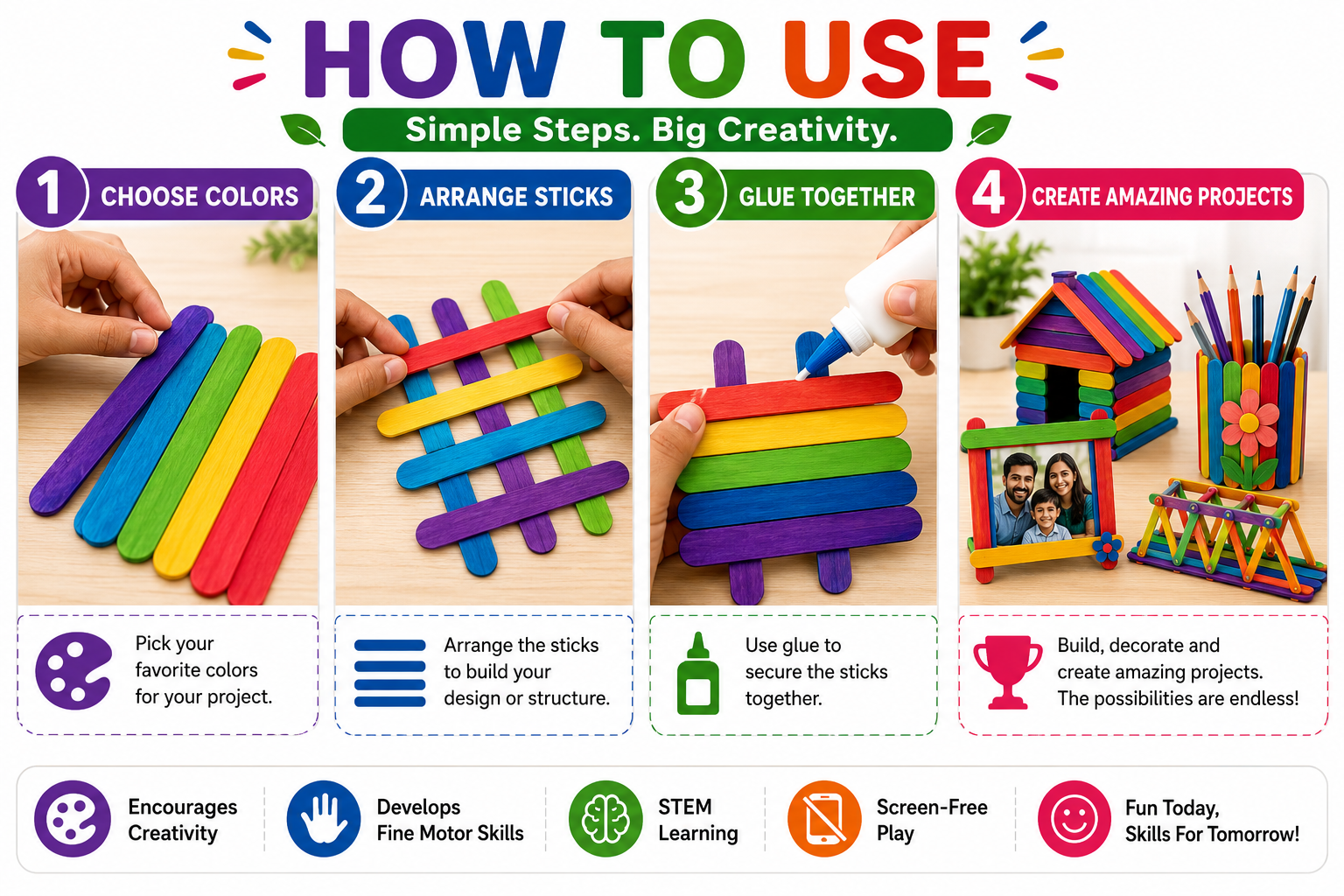 Colorful Jumbo Wooden Craft Sticks – Popsicle Sticks for School Projects, Model Building & DIY Art