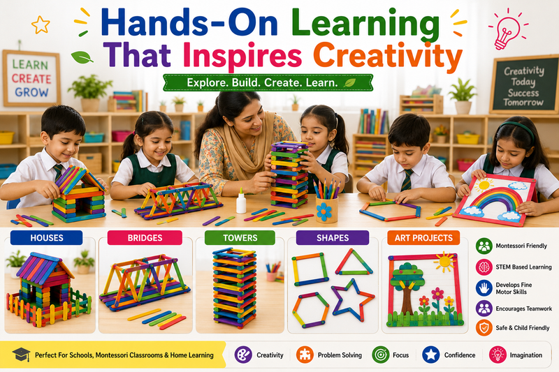 Colorful Jumbo Wooden Craft Sticks – Popsicle Sticks for School Projects, Model Building & DIY Art