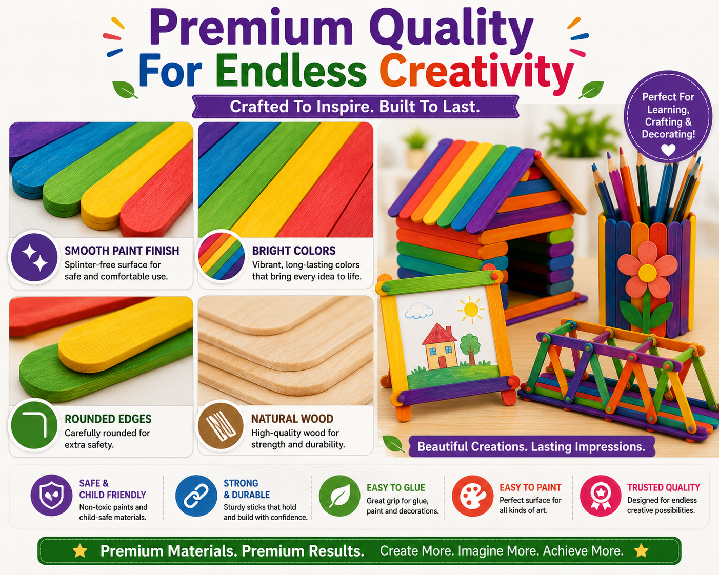 Colorful Jumbo Wooden Craft Sticks – Popsicle Sticks for School Projects, Model Building & DIY Art