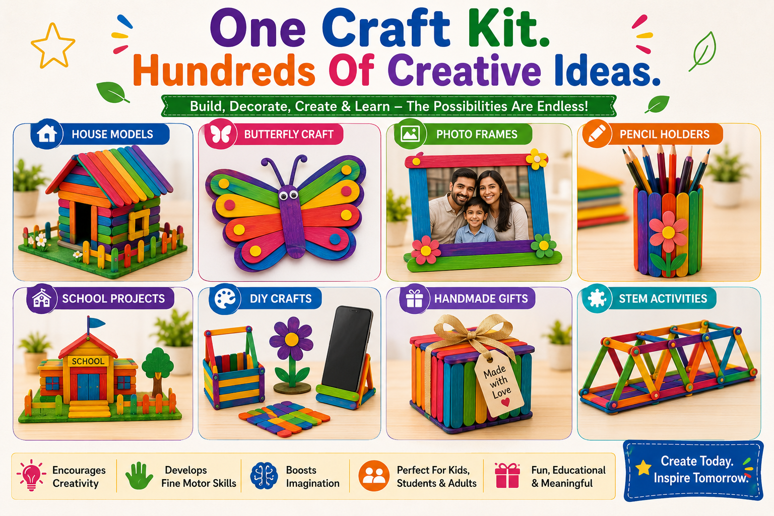Colorful Jumbo Wooden Craft Sticks – Popsicle Sticks for School Projects, Model Building & DIY Art