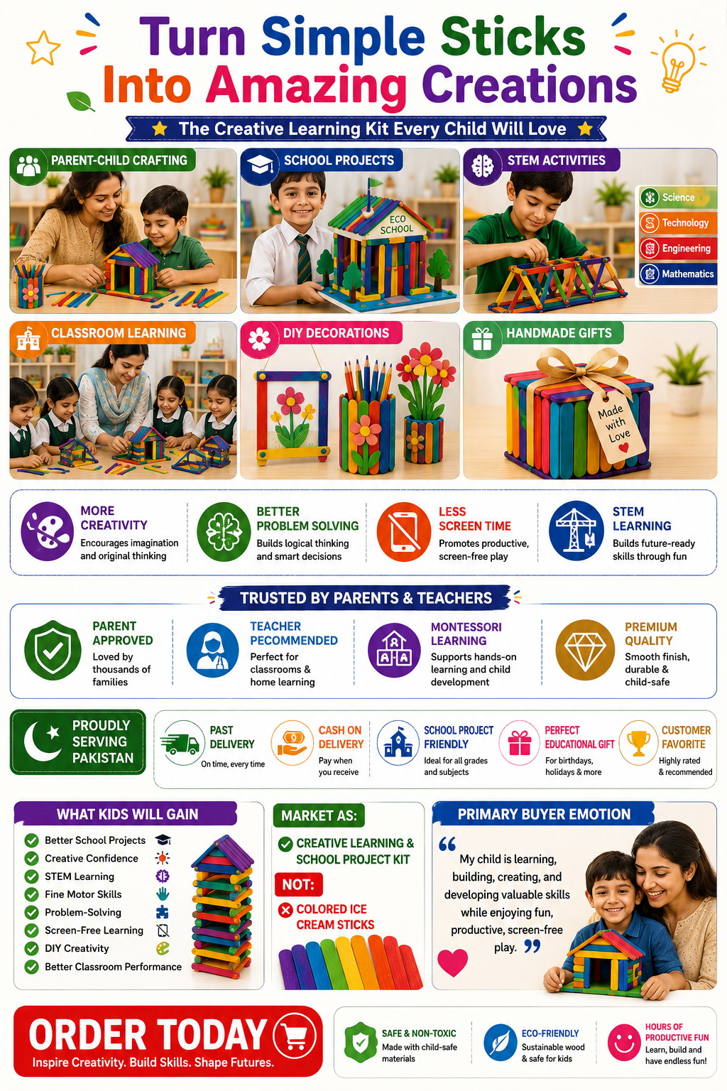 Colorful Jumbo Wooden Craft Sticks – Popsicle Sticks for School Projects, Model Building & DIY Art