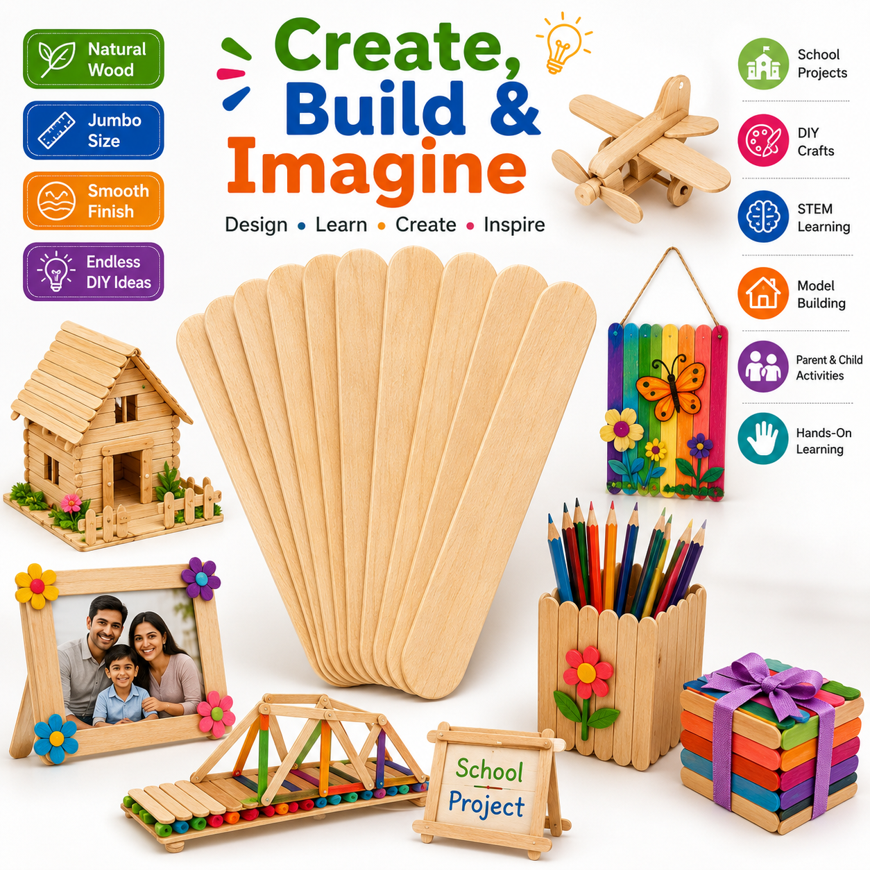 Premium Jumbo Wooden Craft Sticks – 114mm Popsicle Sticks for DIY Crafts, School Projects & STEM Learning