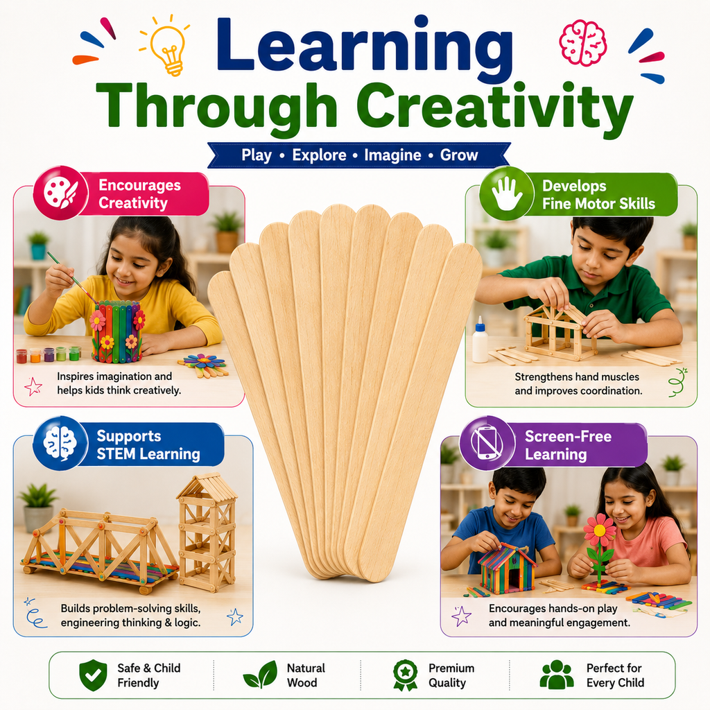 Premium Jumbo Wooden Craft Sticks – 114mm Popsicle Sticks for DIY Crafts, School Projects & STEM Learning