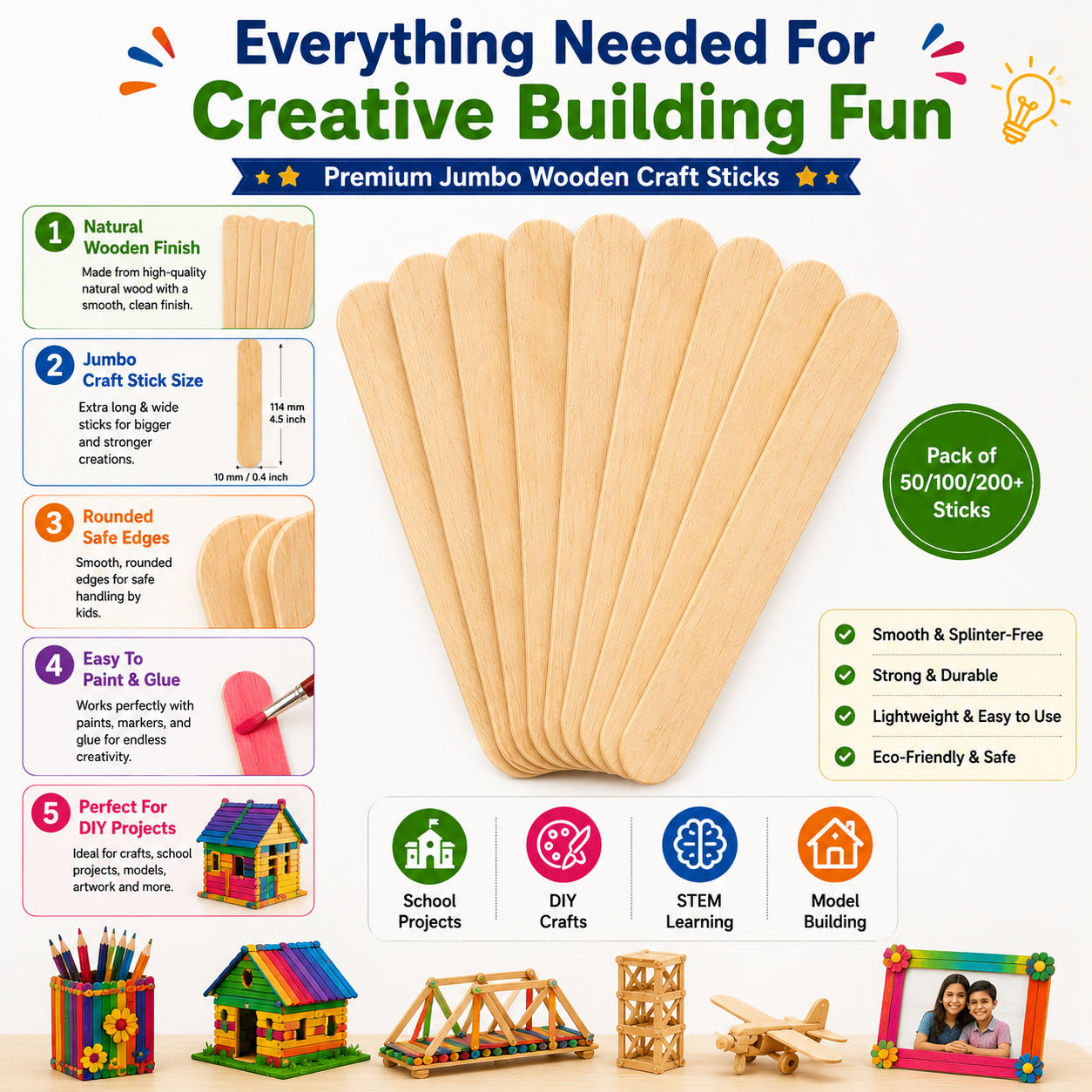 Premium Jumbo Wooden Craft Sticks – 114mm Popsicle Sticks for DIY Crafts, School Projects & STEM Learning