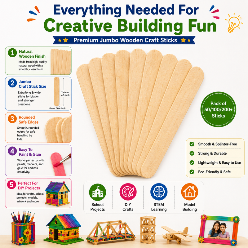 Premium Jumbo Wooden Craft Sticks – 114mm Popsicle Sticks for DIY Crafts, School Projects & STEM Learning