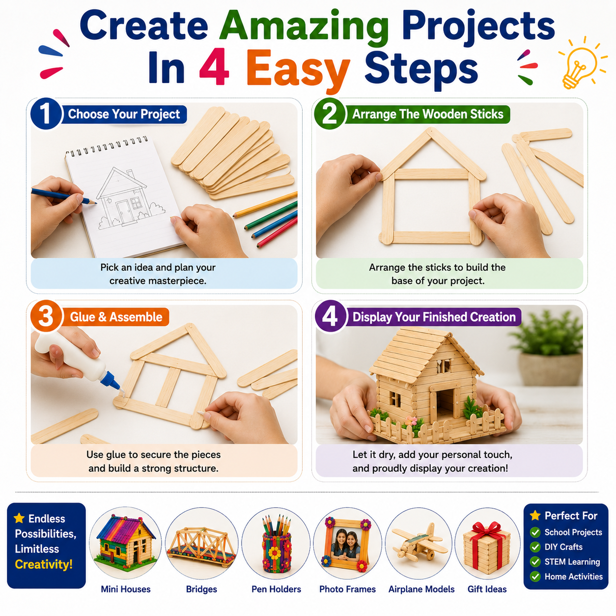 Premium Jumbo Wooden Craft Sticks – 114mm Popsicle Sticks for DIY Crafts, School Projects & STEM Learning