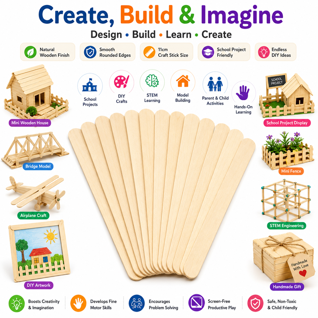 Natural Wooden Craft Sticks – 11cm Popsicle Sticks for Kids Crafts, STEM Projects & Model Building