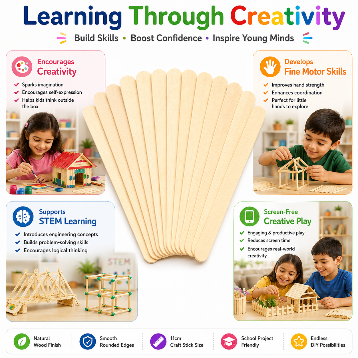 Natural Wooden Craft Sticks – 11cm Popsicle Sticks for Kids Crafts, STEM Projects & Model Building