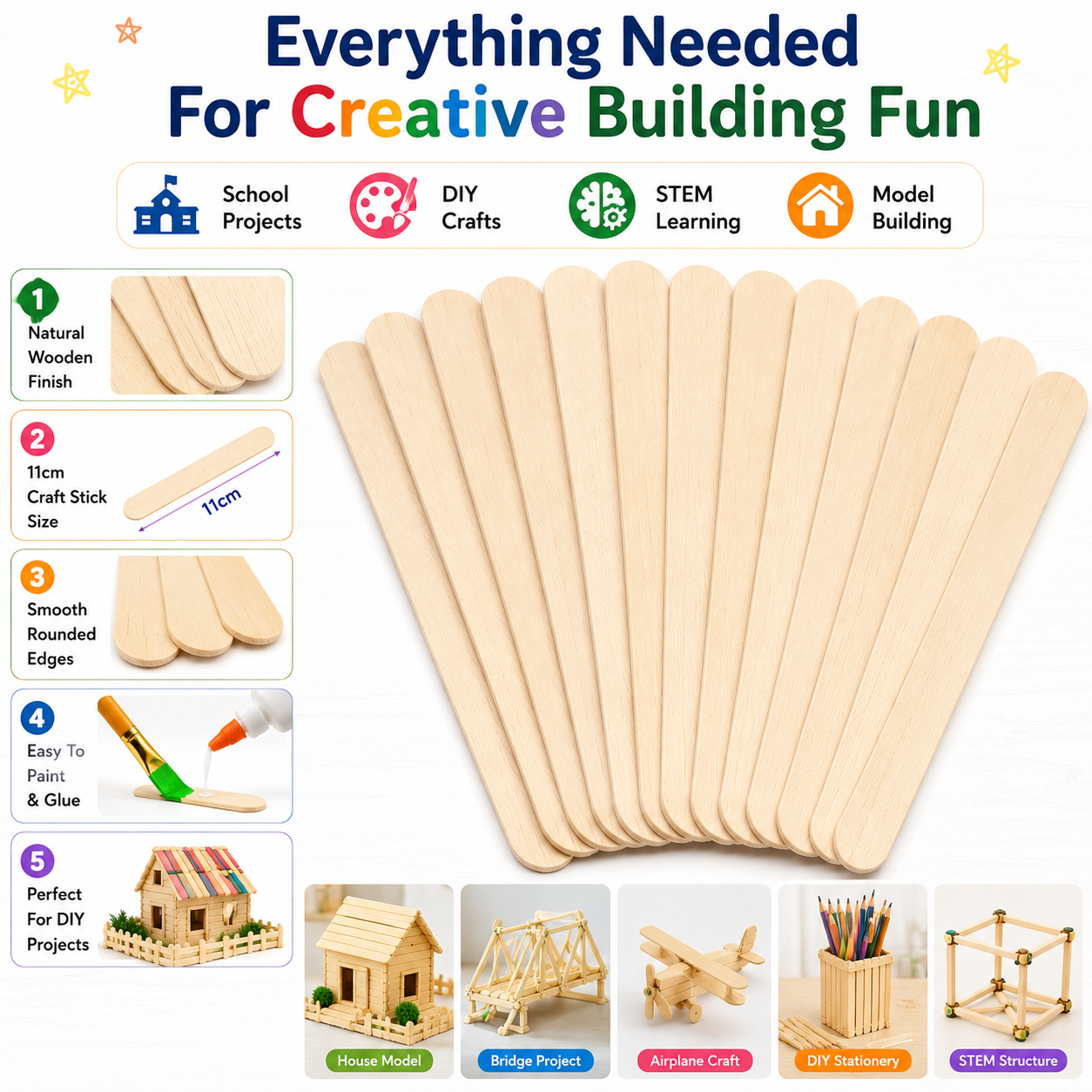 Natural Wooden Craft Sticks – 11cm Popsicle Sticks for Kids Crafts, STEM Projects & Model Building