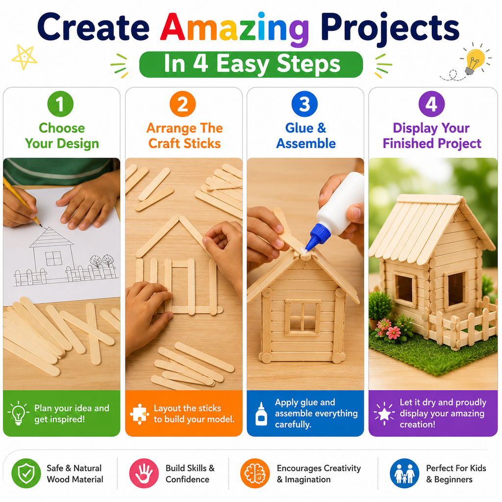 Natural Wooden Craft Sticks – 11cm Popsicle Sticks for Kids Crafts, STEM Projects & Model Building