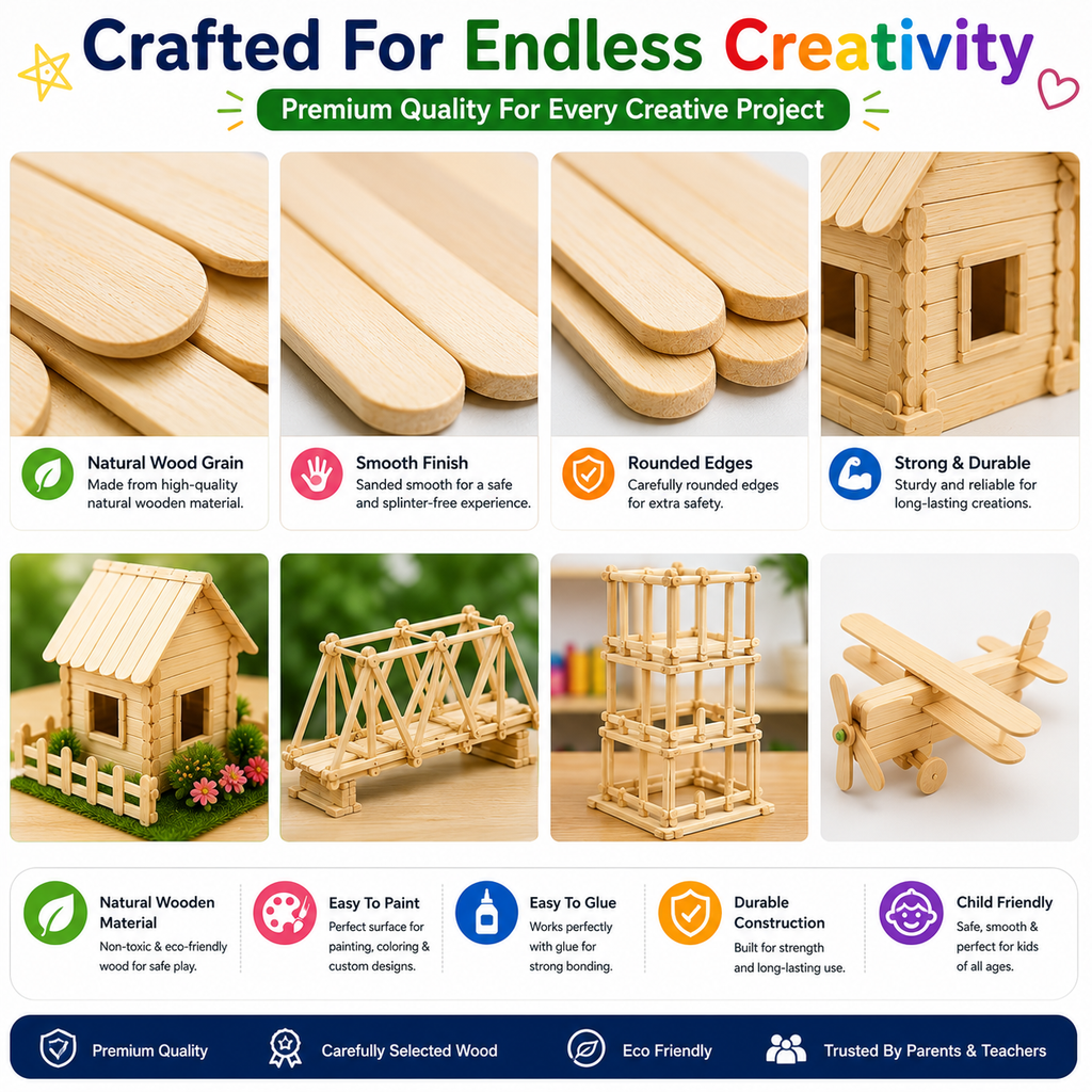 Natural Wooden Craft Sticks – 11cm Popsicle Sticks for Kids Crafts, STEM Projects & Model Building
