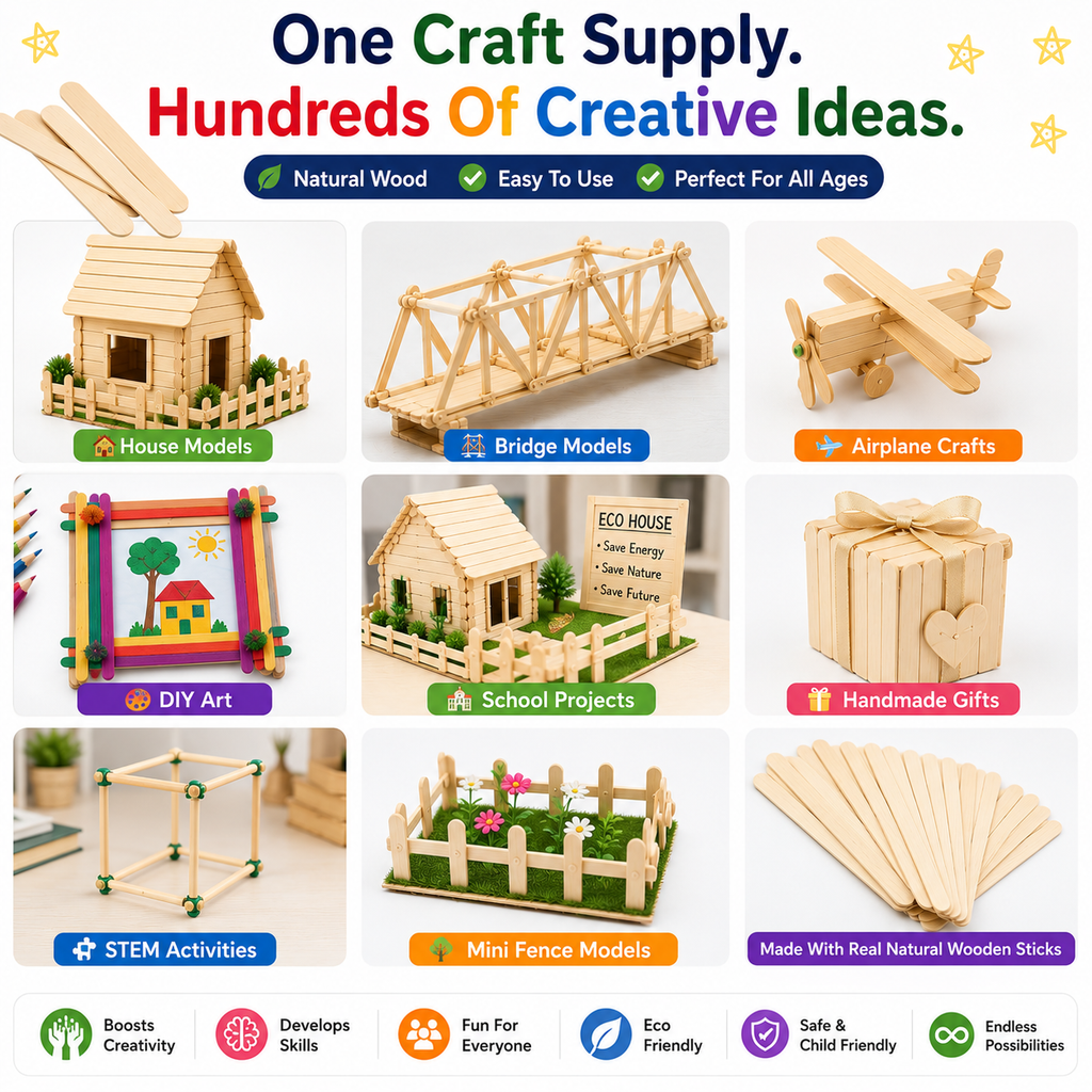 Natural Wooden Craft Sticks – 11cm Popsicle Sticks for Kids Crafts, STEM Projects & Model Building