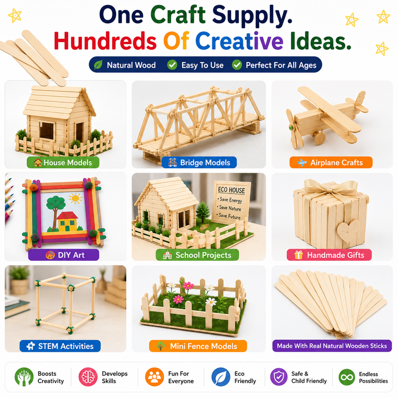 Natural Wooden Craft Sticks – 11cm Popsicle Sticks for Kids Crafts, STEM Projects & Model Building