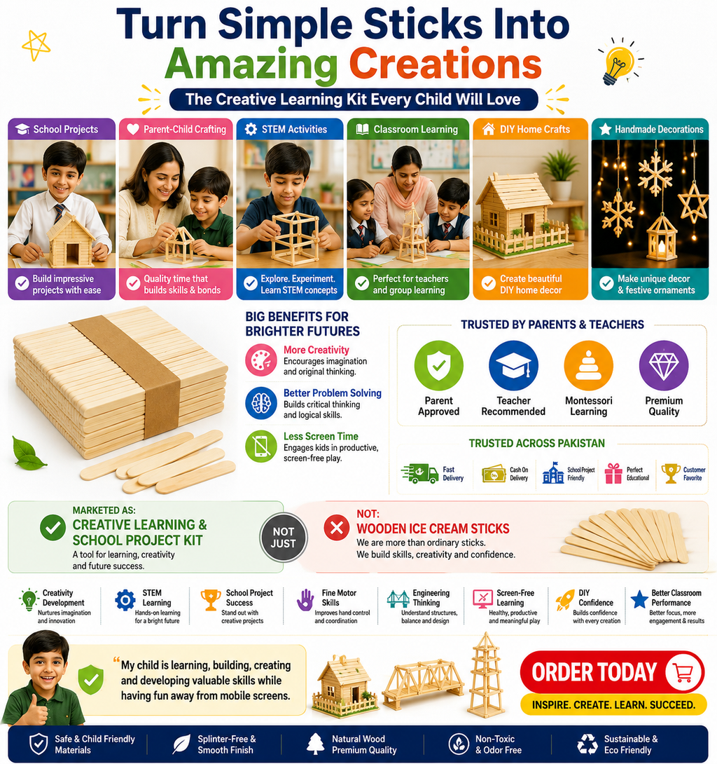 Natural Wooden Craft Sticks – 11cm Popsicle Sticks for Kids Crafts, STEM Projects & Model Building