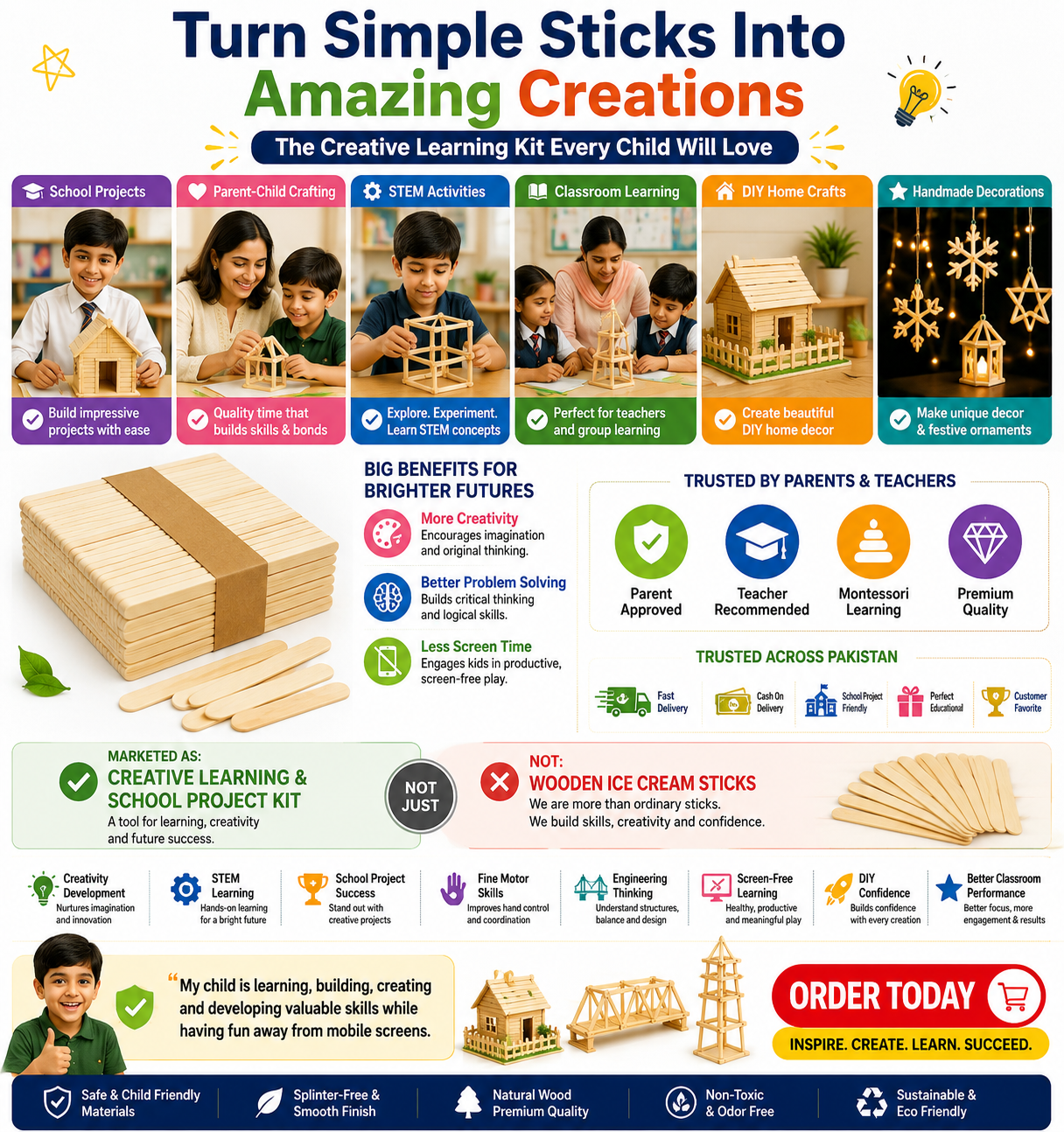 Natural Wooden Craft Sticks – 11cm Popsicle Sticks for Kids Crafts, STEM Projects & Model Building