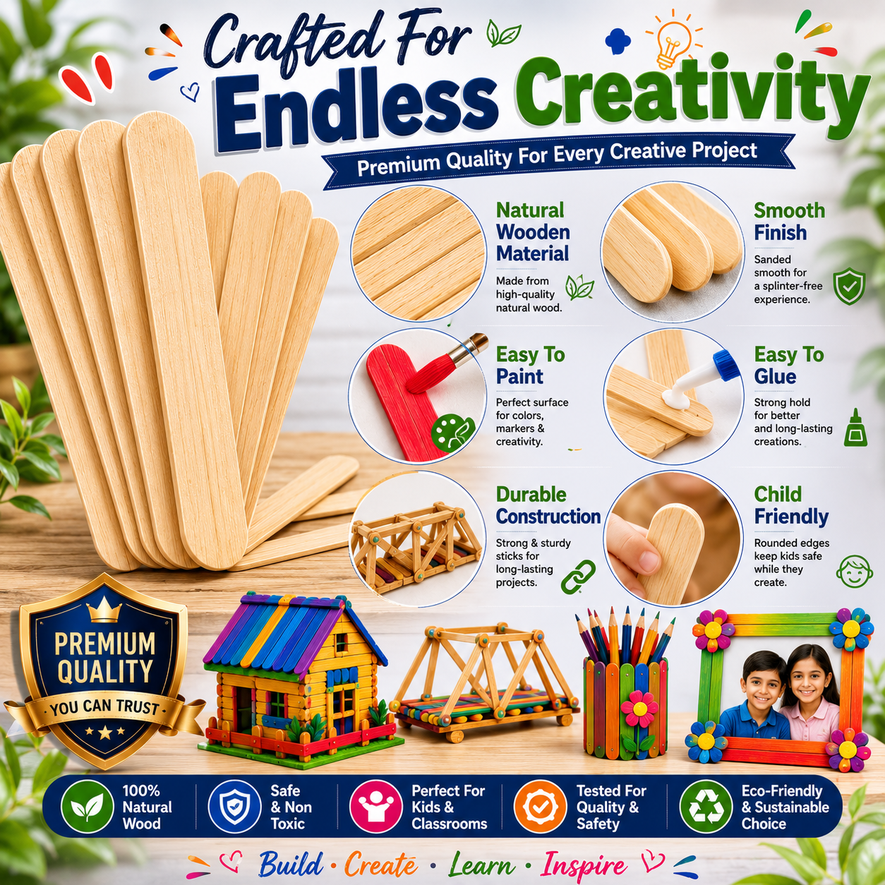 Premium Jumbo Wooden Craft Sticks – 114mm Popsicle Sticks for DIY Crafts, School Projects & STEM Learning