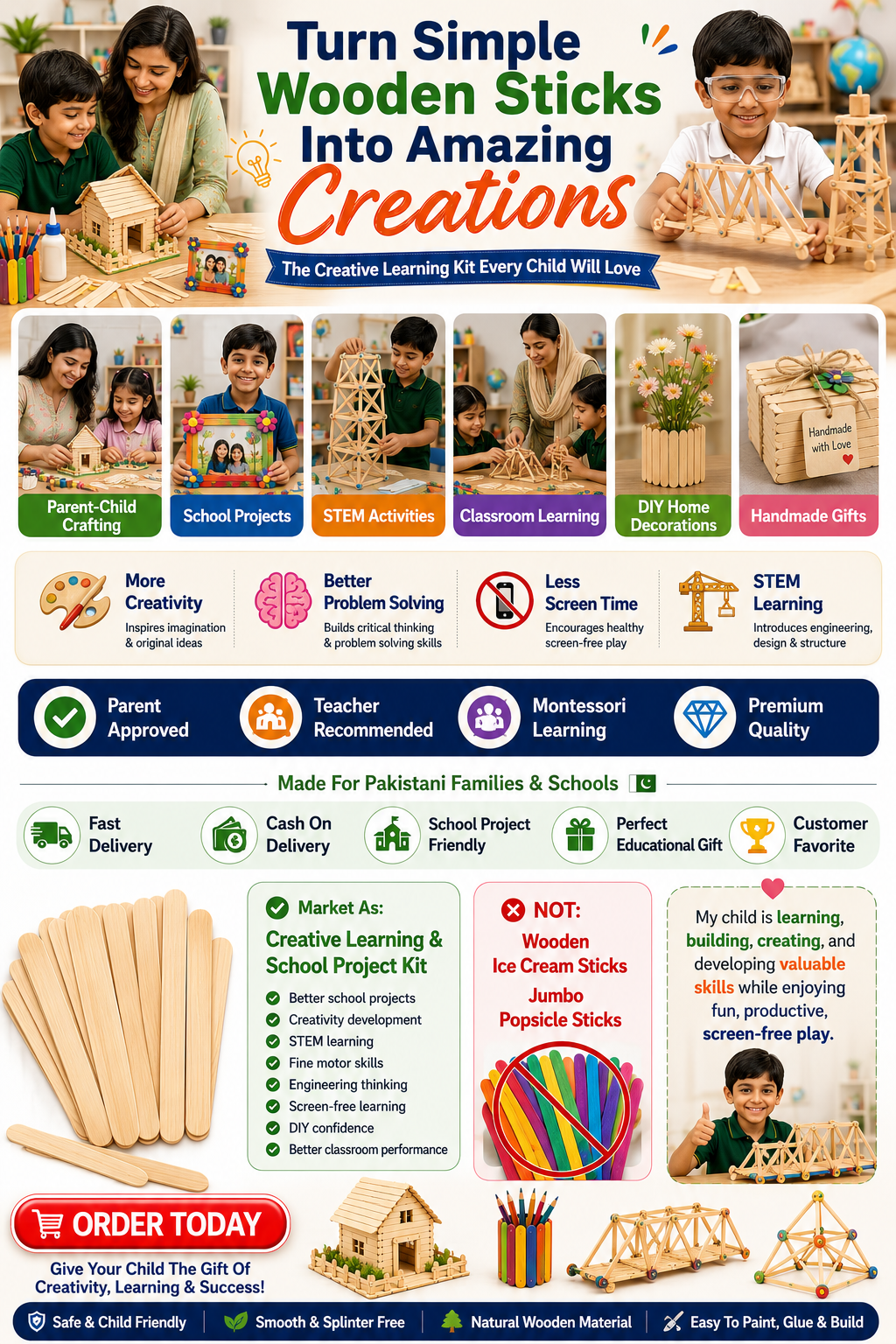 Premium Jumbo Wooden Craft Sticks – 114mm Popsicle Sticks for DIY Crafts, School Projects & STEM Learning