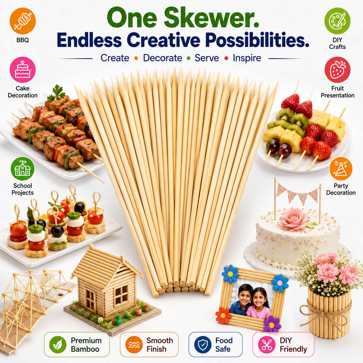 Bamboo Food Skewers – Strong Natural Wooden Sticks for BBQ, Grilling, Catering, Parties & Restaurants