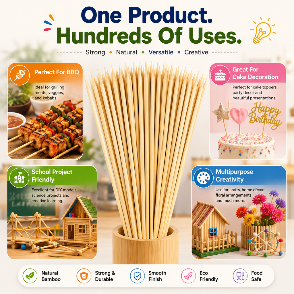 Bamboo Food Skewers – Strong Natural Wooden Sticks for BBQ, Grilling, Catering, Parties & Restaurants