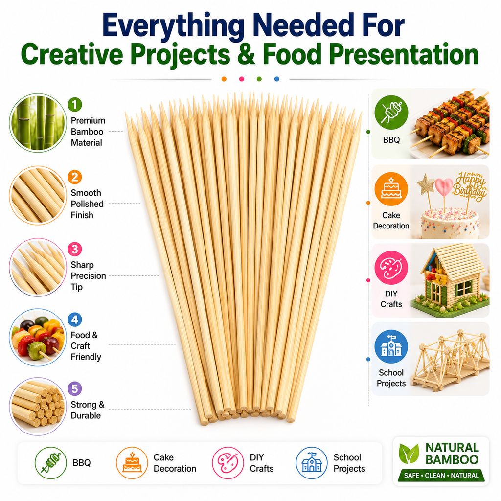 Bamboo Food Skewers – Strong Natural Wooden Sticks for BBQ, Grilling, Catering, Parties & Restaurants