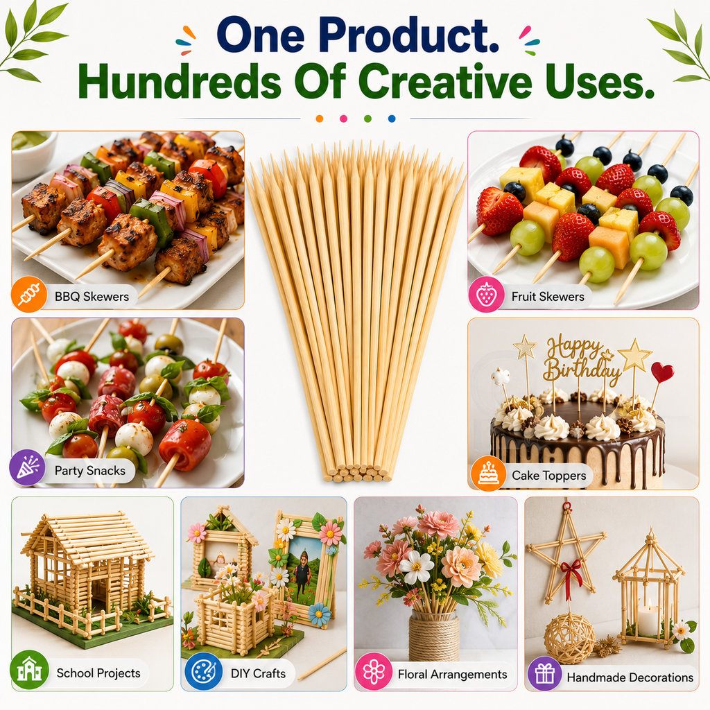 Bamboo Food Skewers – Strong Natural Wooden Sticks for BBQ, Grilling, Catering, Parties & Restaurants