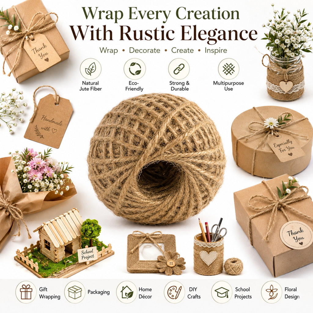 Strong Jute Twine String – Natural Fiber Rope for DIY Crafts, Packaging, Gift Wrapping & Decoration